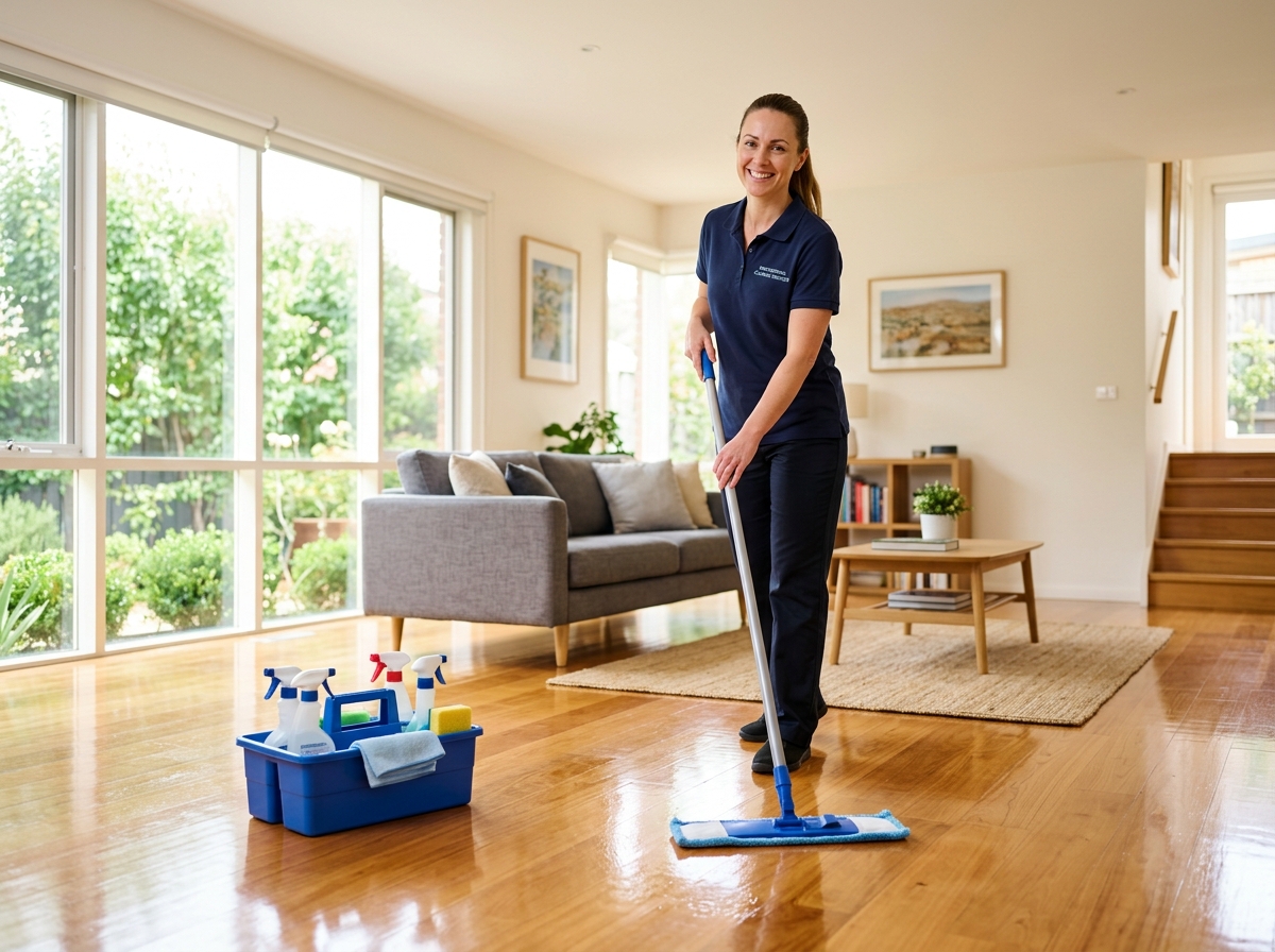 Professional Cleaner Mopping Living Room